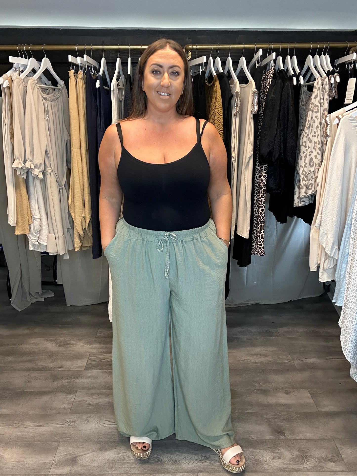 Wide Leg Crepe Trousers - Khaki